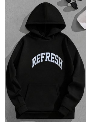 Kozz Style Unisex 3 Iplik Pamuklu Siyah Refresh Baskı Bol Kalıp Sweatshirt Hoodie