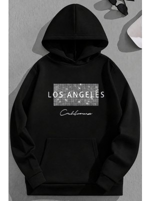 Kozz Style Unisex 3 Iplik Pamuklu Siyah Nodelosangeles Baskı Bol Kalıp Sweatshirt Hoodie