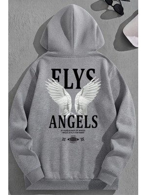 Kozz Style Unisex 3 Iplik Pamuklu Gri Flys Baskı Bol Kalıp Sweatshirt Hoodie