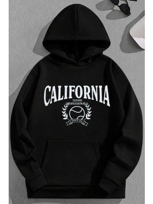 Kozz Style Unisex 3 Iplik Pamuklu Siyah Califtennis Baskı Bol Kalıp Sweatshirt Hoodie