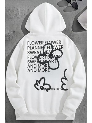 Kozz Style Unisex 3 Iplik Pamuklu Beyaz Doubleflower Baskı Bol Kalıp Sweatshirt Hoodie