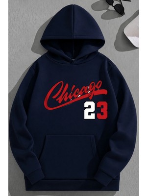Kozz Style Unisex 3 Iplik Pamuklu Lacivert CHICAGO23 Baskı Bol Kalıp Sweatshirt Hoodie