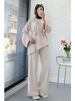 Miraydin Butik Kadın Belden Bağlamalı Asimetrik Pantolonlu Ikili Takım M26173 - Taş