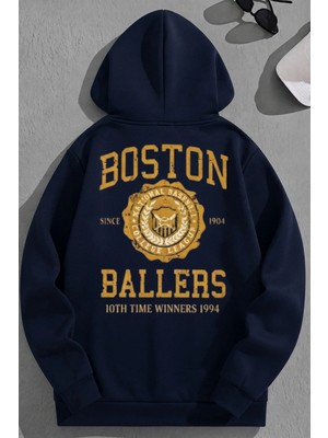 Kozz Style Unisex 3 Iplik Pamuklu Lacivert Bostonballers Baskı Bol Kalıp Sweatshirt Hoodie