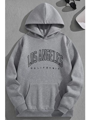 Kozz Style Unisex 3 Iplik Pamuklu Gri Losangelesıcıbos Baskı Bol Kalıp Sweatshirt Hoodie
