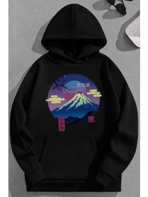 Kozz Style Unisex 3 Iplik Pamuklu Siyah Sakura Baskı Bol Kalıp Sweatshirt Hoodie