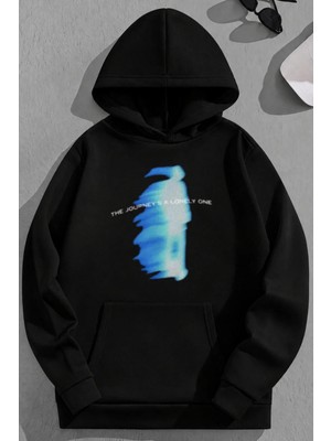Kozz Style Unisex 3 Iplik Pamuklu Siyah Thejourney Baskı Bol Kalıp Sweatshirt Hoodie