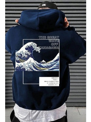 Kozz Style Unisex 3 Iplik Pamuklu Lacivert Kanagawa Bol Kalıp Sweatshirt Hoodie