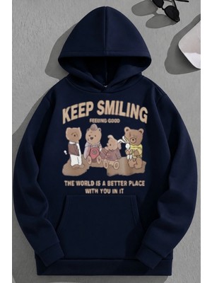 Kozz Style Unisex 3 Iplik Pamuklu Lacivert Keepsmiling Baskı Bol Kalıp Sweatshirt Hoodie