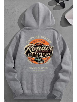 Kozz Style Unisex 3 Iplik Pamuklu Gri Repaires Baskı Bol Kalıp Sweatshirt Hoodie