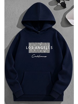Kozz Style Unisex 3 Iplik Pamuklu Lacivert Nodelosangeles Baskı Bol Kalıp Sweatshirt Hoodie