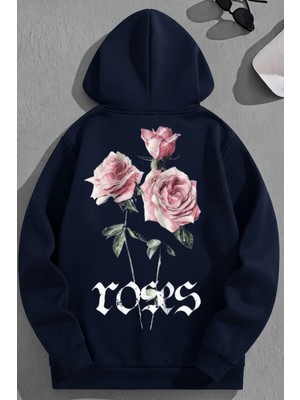 Kozz Style Unisex 3 Iplik Pamuklu Lacivert Roses Baskı Bol Kalıp Sweatshirt Hoodie