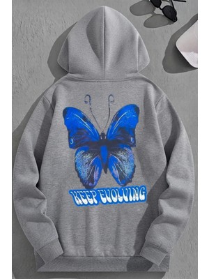 Kozz Style Unisex 3 Iplik Pamuklu Gri Keepevolwing Baskı Bol Kalıp Sweatshirt Hoodie