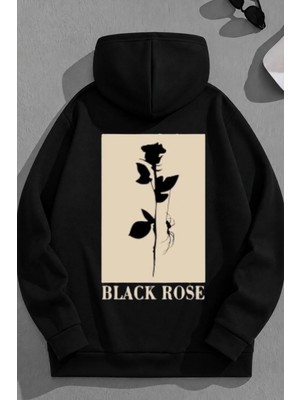 Kozz Style Unisex 3 Iplik Pamuklu Siyah Blackrose Baskı Bol Kalıp Sweatshirt Hoodie