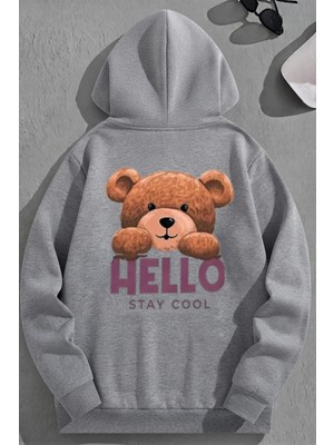 Kozz Style Unisex 3 Iplik Pamuklu Gri Hello Bol Kalıp Sweatshirt Hoodie