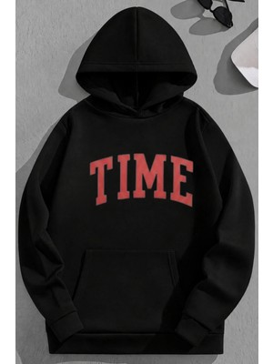 Kozz Style Unisex 3 Iplik Pamuklu Siyah Tıme Baskı Bol Kalıp Sweatshirt Hoodie