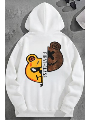 Kozz Style Unisex 3 Iplik Pamuklu Beyaz First-Class Baskı Bol Kalıp Sweatshirt Hoodie