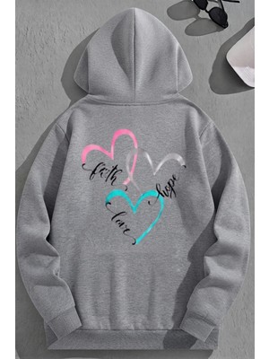 Kozz Style Unisex 3 Iplik Pamuklu Gri Faithhopelove Baskı Bol Kalıp Sweatshirt Hoodie