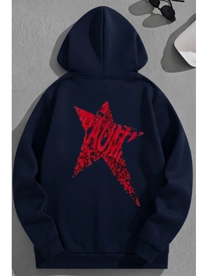 Kozz Style Unisex 3 Iplik Pamuklu Lacivert Redstar Baskı Bol Kalıp Sweatshirt Hoodie