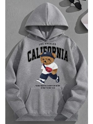Kozz Style Unisex 3 Iplik Pamuklu Gri Çantalıbear Baskı Bol Kalıp Sweatshirt Hoodie