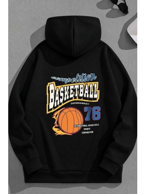 Kozz Style Unisex 3 Iplik Pamuklu Siyah BASKETBALL76 Baskı Bol Kalıp Sweatshirt Hoodie