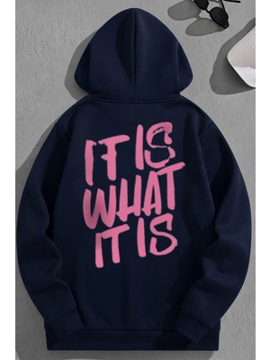 Kozz Style Unisex 3 Iplik Pamuklu Lacivert Itıswhat Baskı Bol Kalıp Sweatshirt Hoodie