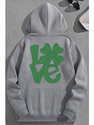 Kozz Style Unisex 3 Iplik Pamuklu Gri Yonca Baskı Bol Kalıp Sweatshirt Hoodie