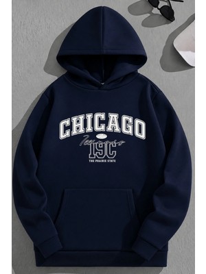 Kozz Style Unisex 3 Iplik Pamuklu Lacivert CHICAGO19C Baskı Bol Kalıp Sweatshirt Hoodie