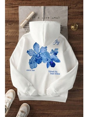 Kozz Style Unisex 3 Iplik Pamuklu Beyaz Simplejoy Baskı Bol Kalıp Sweatshirt Hoodie