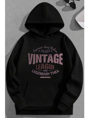 Kozz Style Unisex 3 Iplik Pamuklu Siyah Vintageleage Baskı Bol Kalıp Sweatshirt Hoodie