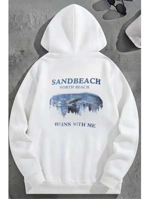 Kozz Style Unisex 3 Iplik Pamuklu Beyaz Sandbeach Baskı Bol Kalıp Sweatshirt Hoodie