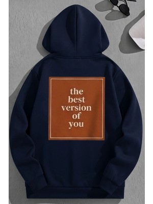Kozz Style Unisex 3 Iplik Pamuklu Lacivert Thebest Baskı Bol Kalıp Sweatshirt Hoodie