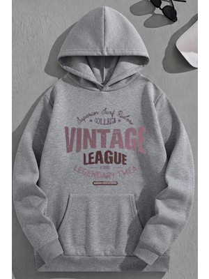 Kozz Style Unisex 3 Iplik Pamuklu Gri Vintageleage Baskı Bol Kalıp Sweatshirt Hoodie
