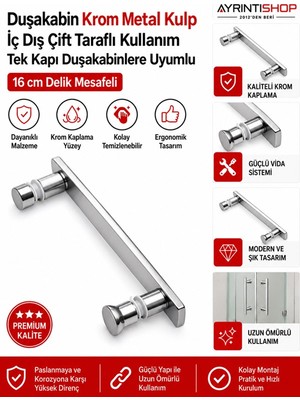 AYRINTISHOP Duşakabin Cam Kapı Kulpu 16 cm Delik Aralıklı Krom Parlak Metal Tutamak – 1 Adet