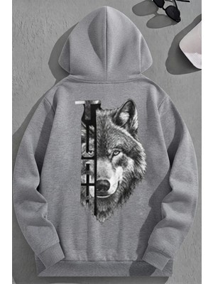 Kozz Style Unisex 3 Iplik Pamuklu Gri Turkkurt Baskı Bol Kalıp Sweatshirt Hoodie