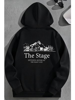 Kozz Style Unisex 3 Iplik Pamuklu Siyah Bol Kalıp The Stage Baskı Sweatshirt Hoodie