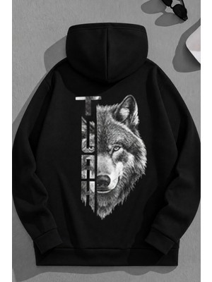 Kozz Style Unisex 3 Iplik Pamuklu Siyah Turkkurt Baskı Bol Kalıp Sweatshirt Hoodie