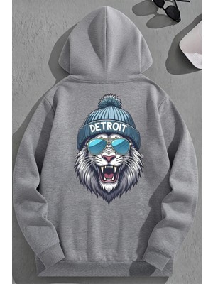 Kozz Style Unisex 3 Iplik Pamuklu Gri Detroit Baskı Bol Kalıp Sweatshirt Hoodie