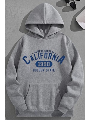 Kozz Style Unisex 3 Iplik Pamuklu Gri CALIF1990 Baskı Bol Kalıp Sweatshirt Hoodie