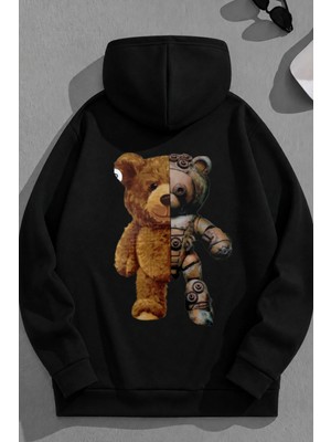 Kozz Style Unisex 3 Iplik Pamuklu Siyah Robotbear Baskı Bol Kalıp Sweatshirt Hoodie