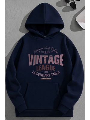 Kozz Style Unisex 3 Iplik Pamuklu Lacivert Vintageleage Baskı Bol Kalıp Sweatshirt Hoodie