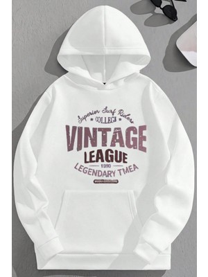 Kozz Style Unisex 3 Iplik Pamuklu Beyaz Vintageleage Baskı Bol Kalıp Sweatshirt Hoodie