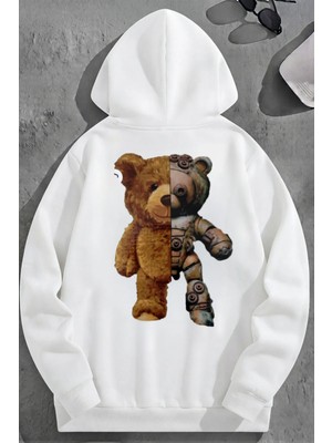 Kozz Style Unisex 3 Iplik Pamuklu Beyaz Robotbear Baskı Bol Kalıp Sweatshirt Hoodie
