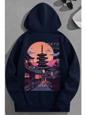 Kozz Style Unisex 3 Iplik Pamuklu Lacivert Tokyoarchitecture Baskı Bol Kalıp Sweatshirt Hoodie