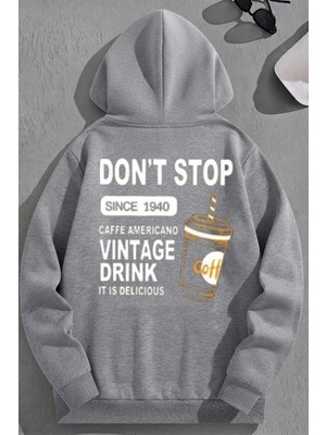Kozz Style Unisex 3 Iplik Pamuklu Gri Vintagedrink Baskı Bol Kalıp Sweatshirt Hoodie