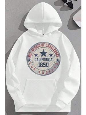 Kozz Style Unisex 3 Iplik Pamuklu Beyaz CALIF1850 Baskı Bol Kalıp Sweatshirt Hoodie