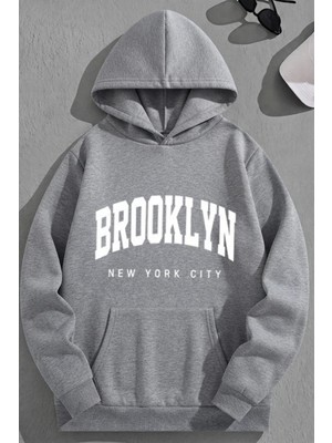 Kozz Style Unisex 3 Iplik Pamuklu Gri Brooklynnyc Baskı Bol Kalıp Sweatshirt Hoodie