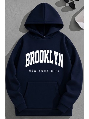 Kozz Style Unisex 3 Iplik Pamuklu Lacivert Brooklynnyc Baskı Bol Kalıp Sweatshirt Hoodie
