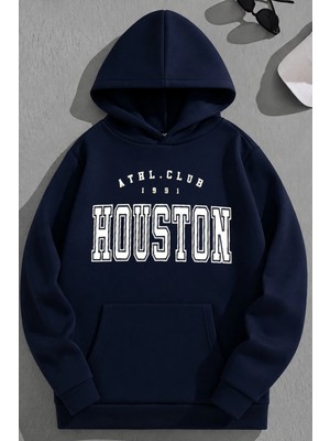 Kozz Style Unisex 3 Iplik Pamuklu Lacivert Houstonac Baskı Bol Kalıp Sweatshirt Hoodie