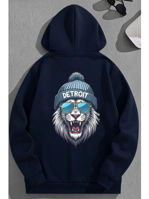 Kozz Style Unisex 3 Iplik Pamuklu Lacivert Detroit Baskı Bol Kalıp Sweatshirt Hoodie